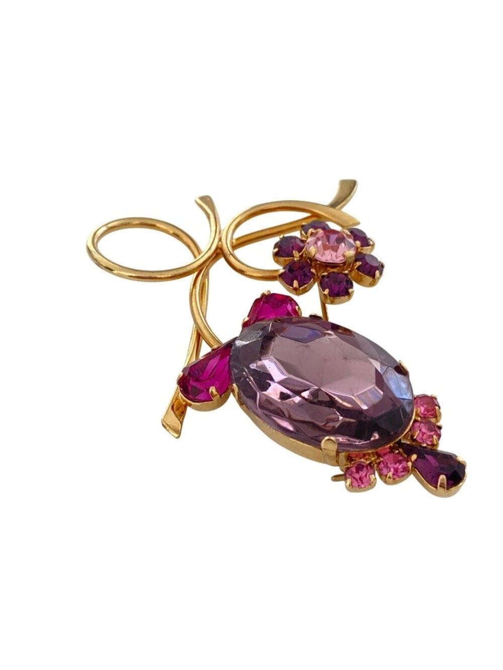 Vintage Gold-Tone Floral Brooch With Purple & Pink Rhinestones flowers VTG glass